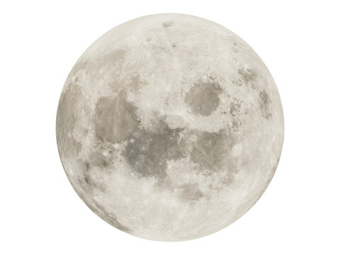 Realistic full moon isolated on black background detailed lunar surface. Ideal for PNG, moon surface, planet moon, universe and space concept.