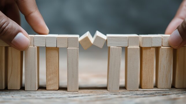Close up of hands carefully assembling a bridge with small wooden cubes, symbolizing strategic problem solving, bridging the gap in communication, and innovative technical engineering.