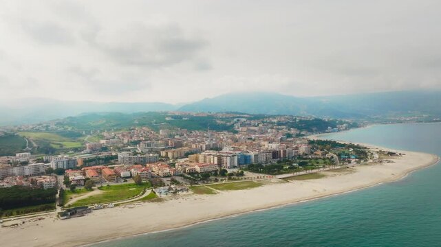 Aerial view of Soverato, Calabria, in spring with an empty beach
