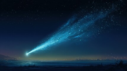 Celestial blue comet with a shimmering dust trail over a quiet horizon