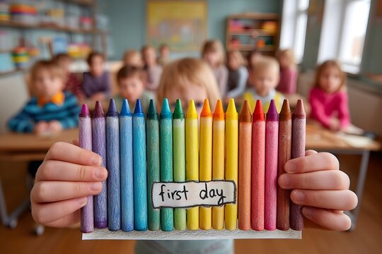 Hands holding crayons on the first day of school