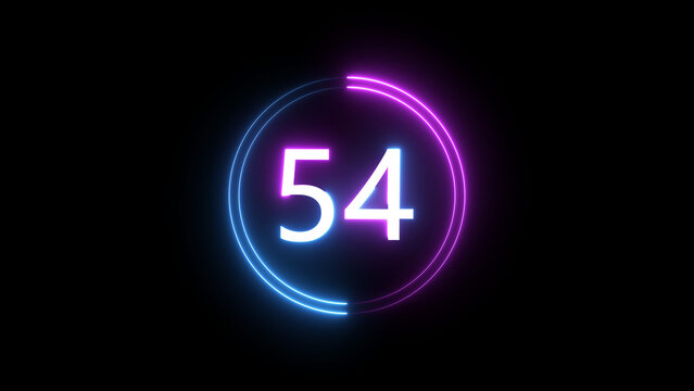 A dynamic circular illustration, and glowing count neon number 54 illustration . on a black background. and creating a stunning 4k illustration.