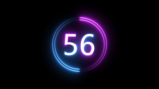 A dynamic circular illustration, and glowing count neon number 56 illustration . on a black background. and creating a stunning 4k illustration.
