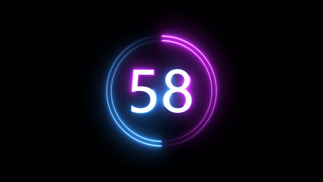 A dynamic circular illustration, and glowing count neon number 58 illustration . on a black background. and creating a stunning 4k illustration.
