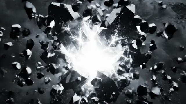 Black Crystal Explodes With Light And Energy In Dark Smoke