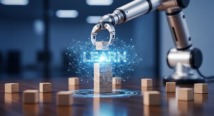 Obraz premium Robotic Arm Assembling the Word LEARN with Digital Network and Wooden Blocks.