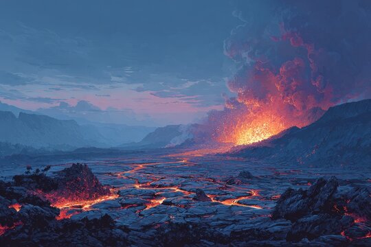 Cinematic volcanic scene: ash plume, lava rivers, and molten rock