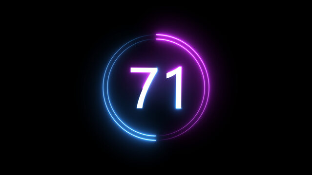 A dynamic circular illustration, and glowing count neon number 71 illustration . on a black background. and creating a stunning 4k illustration.