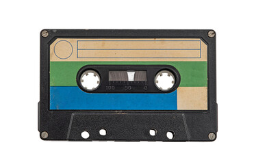 Fototapeta premium used vintage audio tape cassette isolated, a symbol of 80s, 90s period on white background