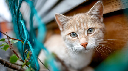 Close-up portrait of a ginger-and-white stray kitten near a fence in an urban setting
