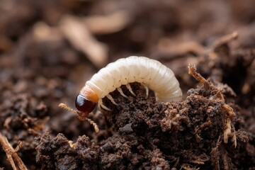 Naklejka premium Close-up of a C-shaped beetle larva in soil, earthy tones