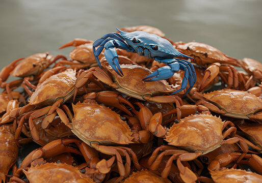 Many crabs stacked in pile with one blue crab