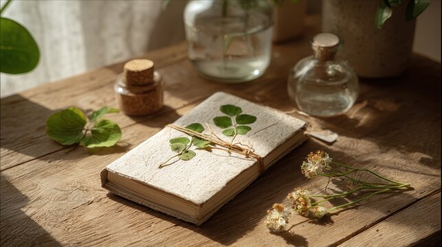 Close-up of a handmade journal and fresh leaves in a soft natural light setup