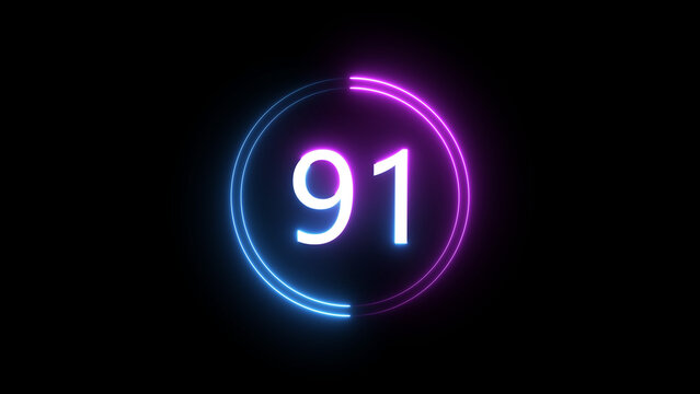 A dynamic circular illustration, and glowing count neon number 91 illustration . on a black background. and creating a stunning 4k illustration.