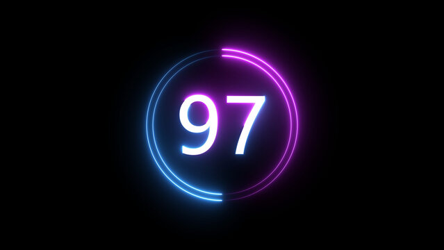 A dynamic circular illustration, and glowing count neon number 97 illustration . on a black background. and creating a stunning 4k illustration.