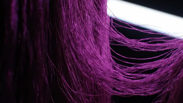 Close up of vibrant purple threads with dramatic dark background and light stripe.