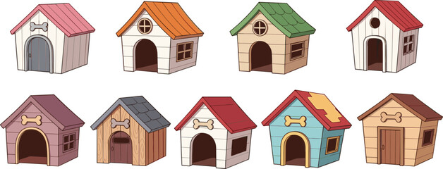 Naklejka na ściany i meble Cute cartoon dog house collection with colorful pet kennel homes animal shelter vector illustration set