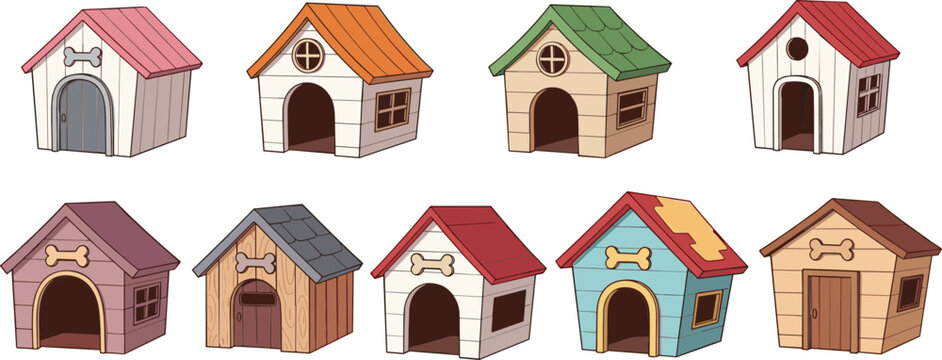 Cute cartoon dog house collection with colorful pet kennel homes animal shelter vector illustration set