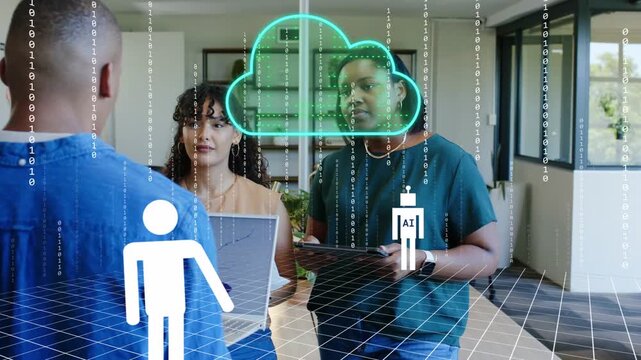 Man gesturing, women checking laptop and tablet, neon cloud and AI icons materializing for business