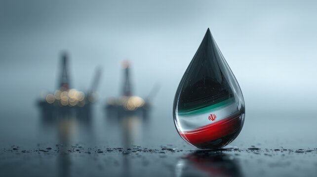  Iranian oil industry droplet of crude oil with a blurred oil refinery in the background. 