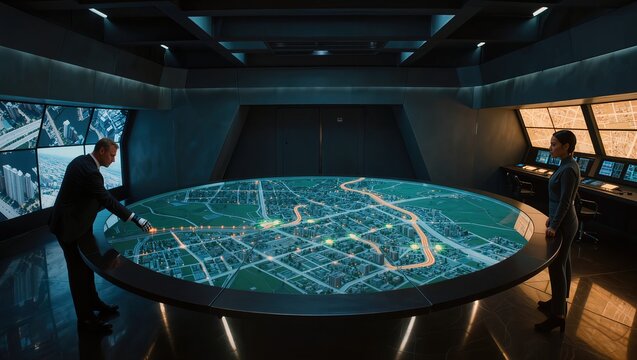 Urban crisis management teams leverage hightech hologram devices and interactive screens efficiently