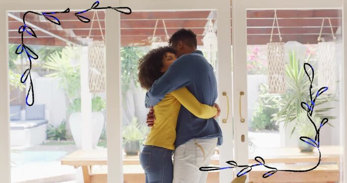 Couple stepping closer embracing at glass doors floral doodle framing edges showing home warmth
