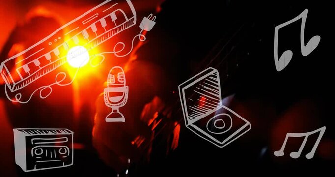 Guitar surface reacting to pulsing orange flare, revealing strings and music doodles for branding