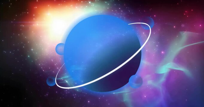 Warm flare appearing, white ring tracing clockwise around blue planet, moons moving, forming orbit