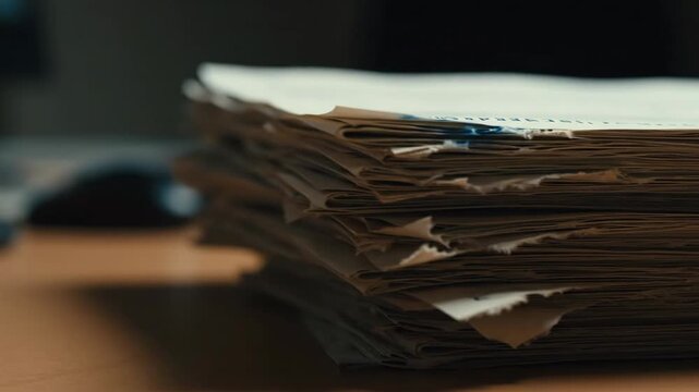 Stack of paper documents, paper overload, paperwork, files, office work, business, and documents on desk.