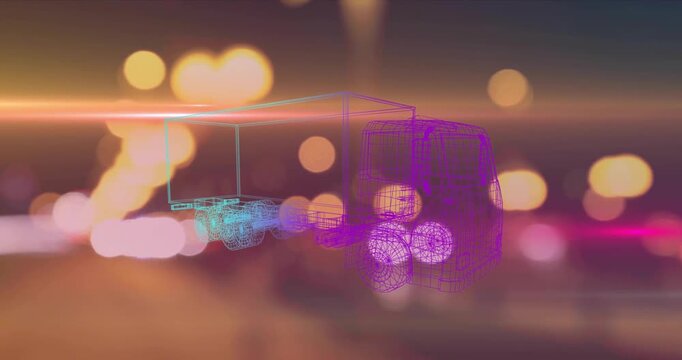 Frames advancing revealing neon wireframe truck emitting cyan haze pulsing wheels showing logistics