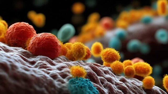 Microscopic World: A macro view unveils a vibrant, abstract world of cells, presenting a complex biological environment with a focus on form and function. 