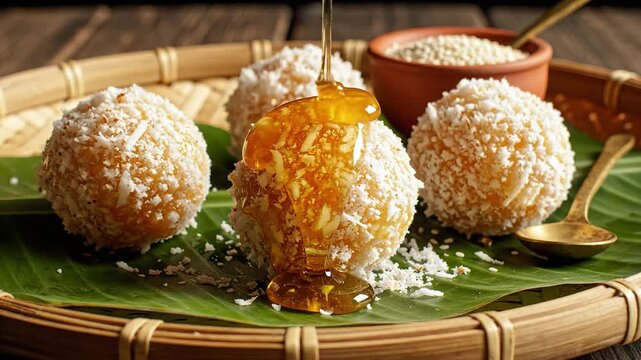 Festive indian coconut sweets drizzled with golden honey, a traditional treat served on banana leaves for the bohag bihu celebration.