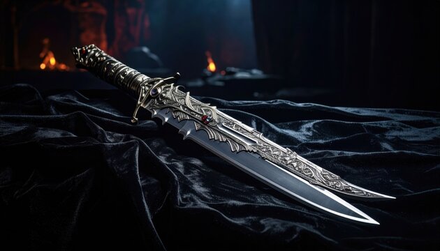 An exquisitely crafted silver dagger with a gleaming jeweled hilt and detailed blade rests gracefully on a luxurious dark velvet cloth, bathed in a mysterious, soft glow.