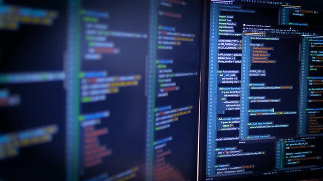 Close up computer monitors displaying fictional programming code and software development interface, technology workspace concept