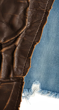 Textured brown leather with meets frayed blue denim fabric, contrasting materials, close up textile detail, fashion texture study, garment edge juxtaposition.