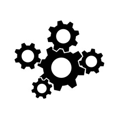 Fototapeta premium A central large gear is surrounded by four smaller gears of varying sizes, positioned to suggest a connected mechanical system.