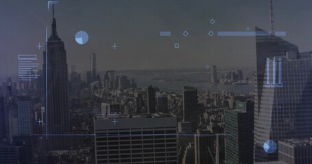 Showing midtown skyline from rooftop, layering HUD overlays with Art Deco spire, river, glass tower © vectorfusionart