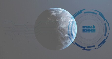 Fototapeta premium Showing Earth-like planet centered, displaying clouds in circular HUD with firewall icon