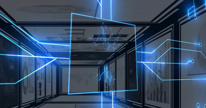 Glowing holographic display hovering and showing overlays in tech corridor, with cyan neon traces
