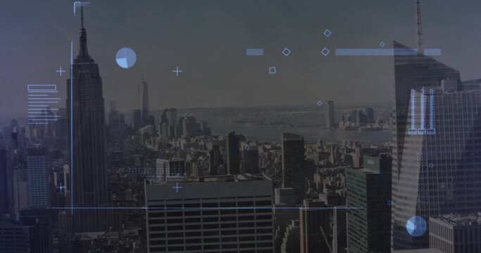 Showing midtown skyline from rooftop, layering HUD overlays with Art Deco spire, river, glass tower