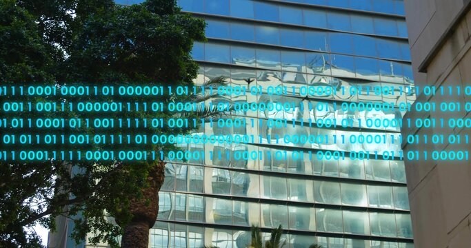 Reflecting glass panels warping pane forms on urban street, with cyan binary overlay and large tree