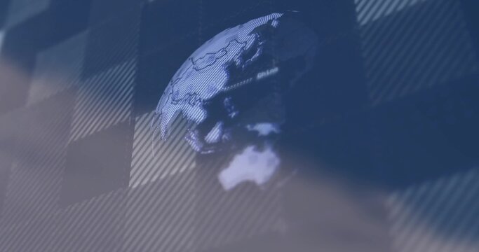 Rotating digital globe hovering over diagonal stripe backdrop showing Australia with scanline