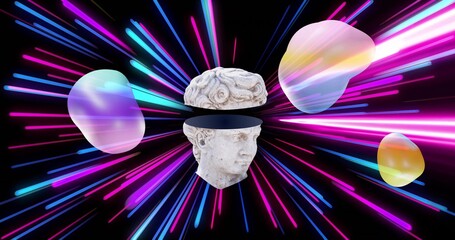 Floating marble bust showing horizontal split and black gap in studio, neon streaks, three blobs