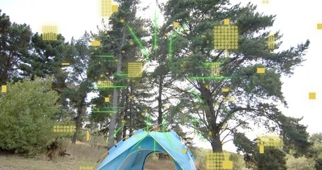 Naklejka premium Showing centered blue dome tent sitting on forest clearing with pine trees, digital overlays