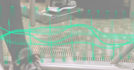 Showing commuters' lower legs and low-top sneakers on train ribbed floor, metal rail, green overlay © vectorfusionart