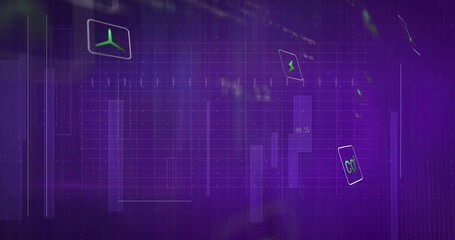 Displaying purple data dashboard with grid on screen, neon-green turbine, lightning bolt, CO2 icons