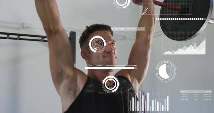 Lifting man in black tank top holding barbell overhead in gym with rack and HUD overlays