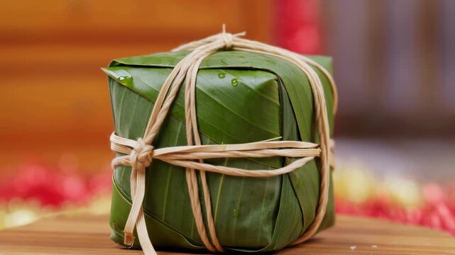 Rice Cake Presentation. Authentic Banana Leaf Wrapped Rice Snack With Dewdrops And Vibrant Background