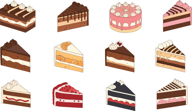 Delicious cake slice collection with chocolate strawberry cream layered dessert bakery vector illustration set