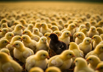 Obraz premium Single black chick among many yellow chicks